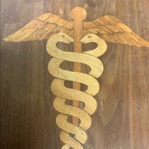 Hand crafted and signed Wooden Medical Caduceus